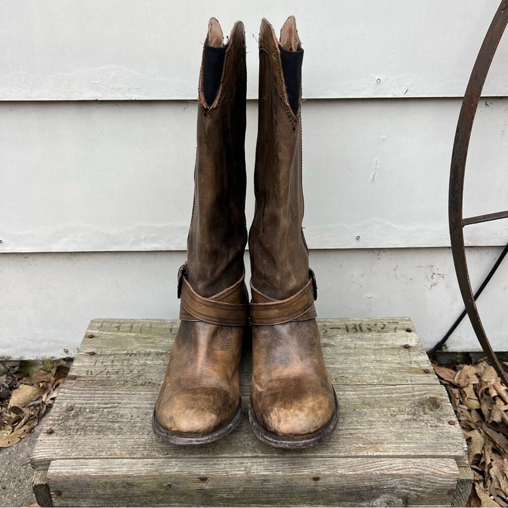 Stetson Brown Strappy Leather round toe side zip riding cowgirl western boots - Picture 2 of 7